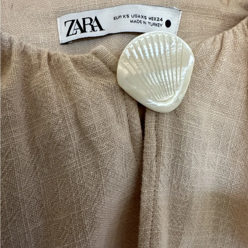 Zara Beige Shell Button Puff Sleeve cotton Top Sz XS cottagecore, boho